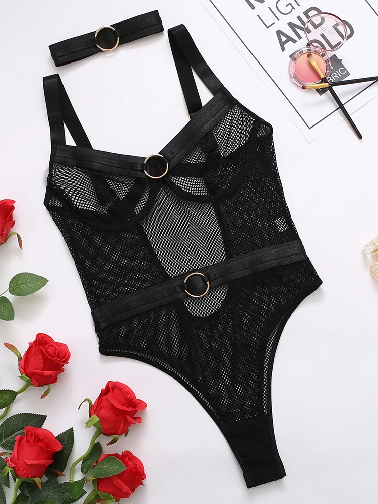

Sexy Bodysuits 2022 New Women's Fishnet Transparent Backless Erotic Lingerie Catsuit Night Club Tights with Necklace Underwear