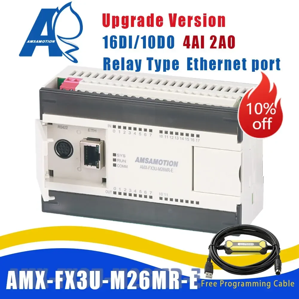 Фото Amsamotion Upgrade AMX-FX3U-M26MR Ethernet PLC, совместимый с контроллером Mitsubishi, реле 4AI/2AO, 16I/10O, MODBUS clp 26MR-E №1