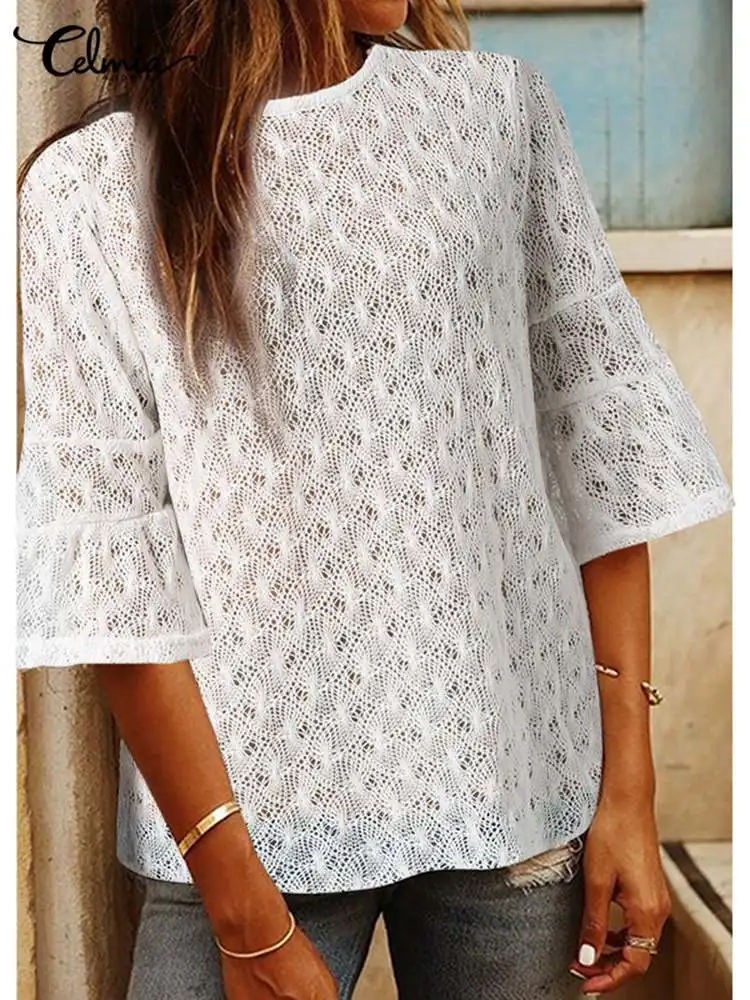 

Celmia Vintage 3/4 Sleeve Blouses Casual Loose Lace Tops Women Round Neck Tunics 2022 Summer Leisure Holiday See-through Blusas
