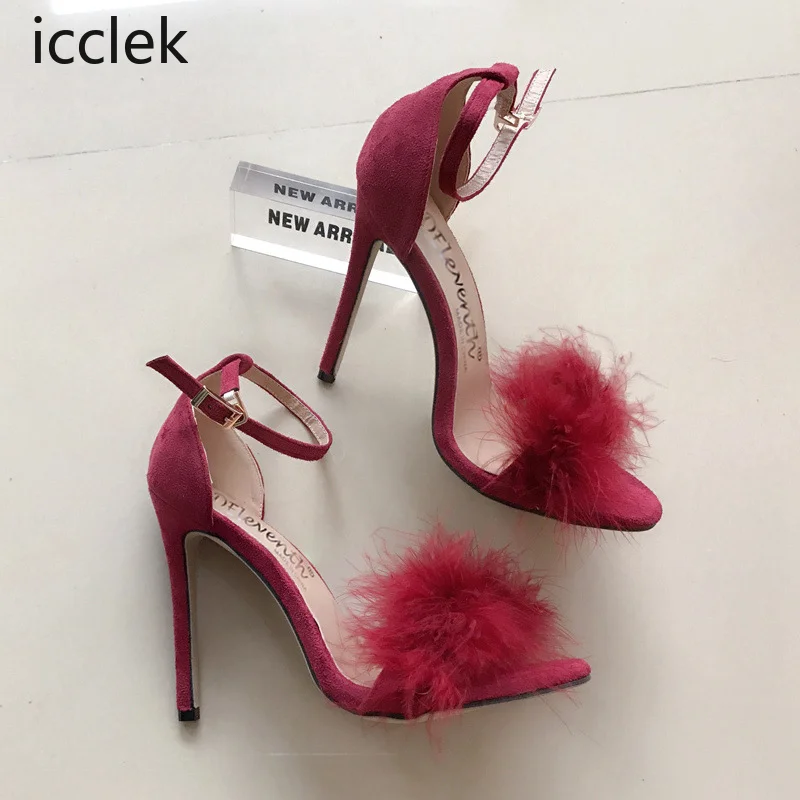 2023 Ladies Sandals Feather Super High Heel Sandals Open Toe Ladies Slippers Banquet Wedding Party Shoes Ladies Large Size 35-43