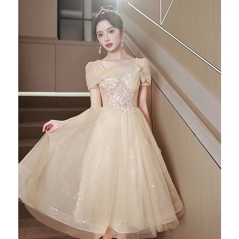 

Блестящее платье принцессы цвета шампанского для выпускного вечера Кружевная аппликация длиной ниже колена вечернее платье с коротким рукавом Vestidos De Fiesta