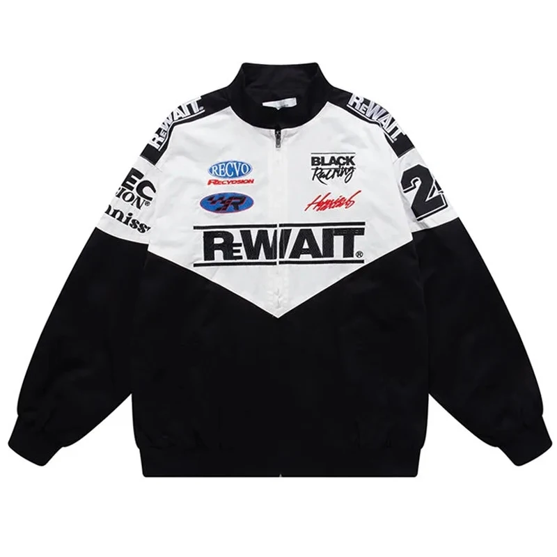 

Hip Hop Racing Jackets Men High Street Letter Embroidery Patchwork College Windbreaker Coats Retro Motorcycle Varsity Jacket