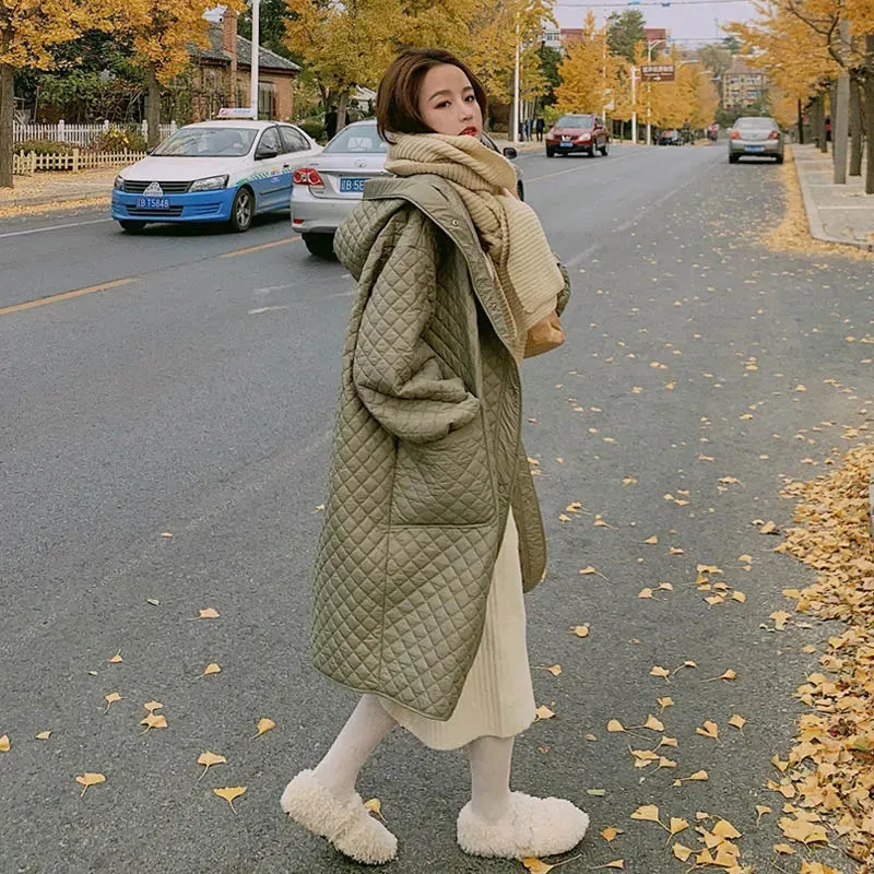 Winter Women's Oversized Down Jacket South Korea Fashion Casual Hooded Extended Coat Loose Light Diamond Heavy Cotton Jacket New