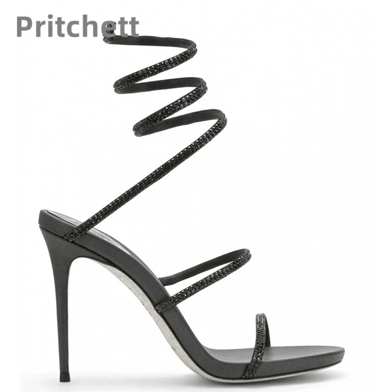 2023 Summer New Strap Super High Heel Roman Sandals Women's Slim Heel Versatile Elegant Snake Shaped Wrapped Rhinestone Sandals