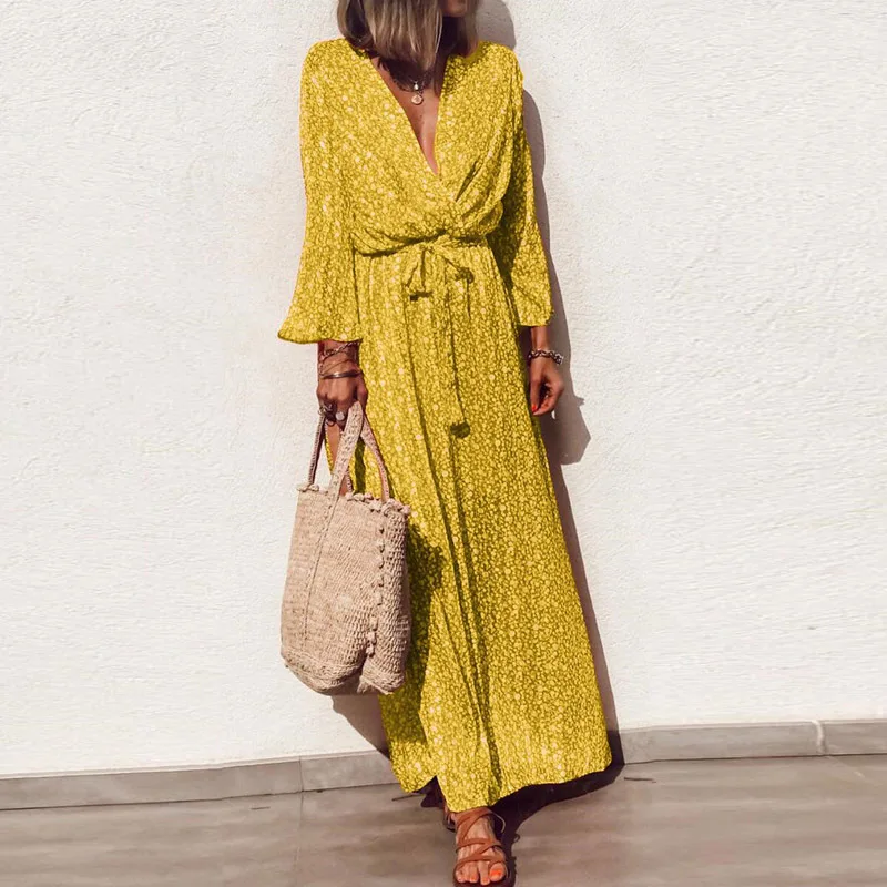 

Fashion Plus Size Long Sleeve V Neck Flower Elegant Casual Long Dress