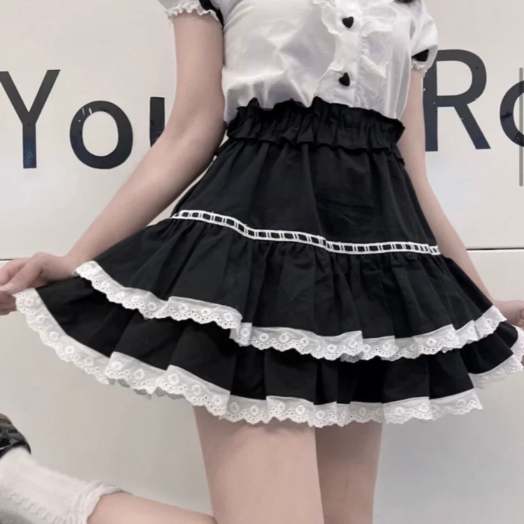 

Harajuku Kawaii Lace Fairy Skirt for Women Korean Chic High Waist Ruffles Faldas Summer New Sweet Ruched A-line Cake Skirt