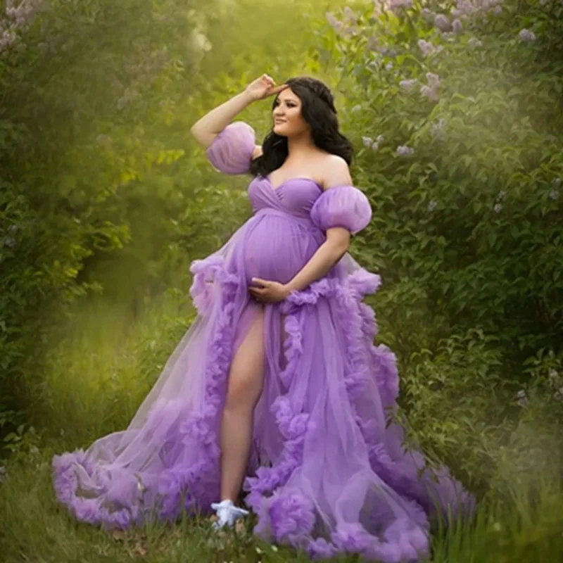 

Sexy Lilac Maternity Dresses for Photo Shoot Charming Off Shoulder Sweetheart Ruffles Pregnant Women Gowns Front Split Robes