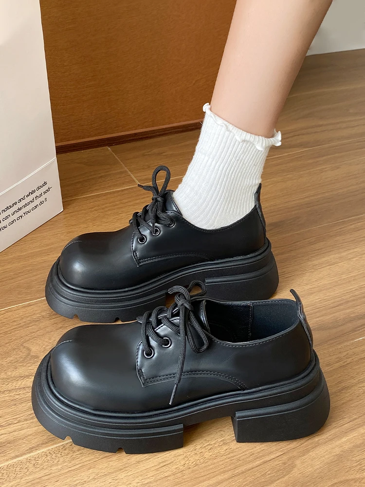 

Womens Derby Shoes Clogs Platform Autumn Female Footwear British Style Leather New Cross Summer Creepers Fall Dress Preppy Lace-