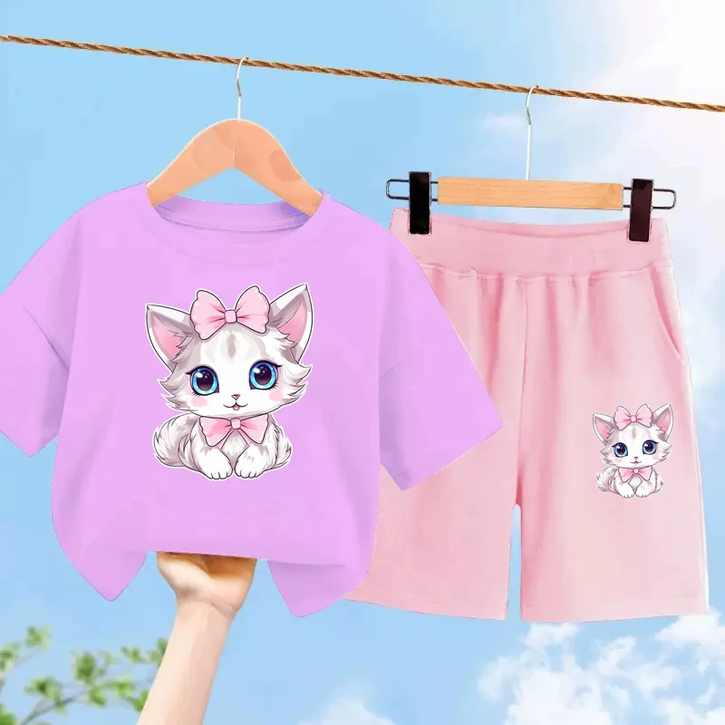 Модный комплект для девочек розовый топ с кроликом летние шорты детская одежда