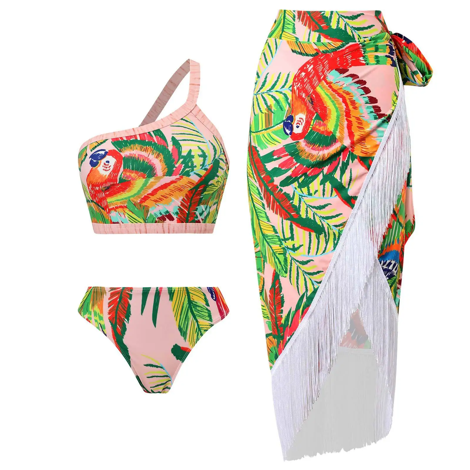 

2023 Women Birds Print Bikini Sets Swimsuit and Skirt Sexy Asymmetrical One Piece Swimwear Female Cover Up Beach Bathing Suits