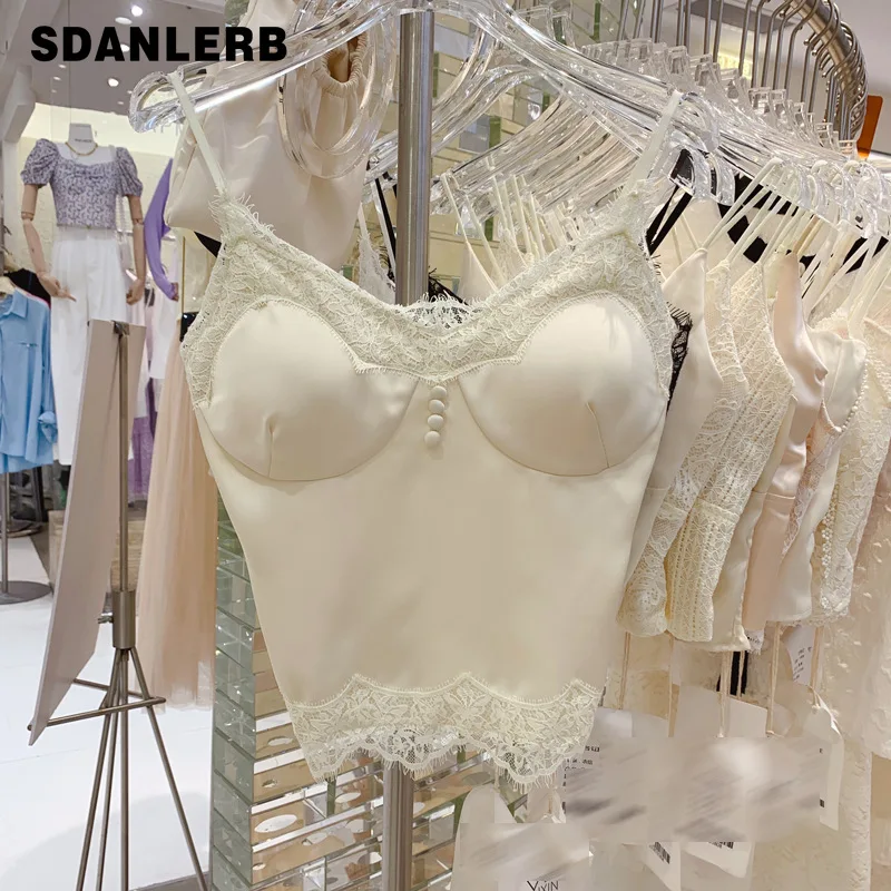 

French Style Woman Lace Sling Embroidered Satin Spaghetti Straps Chest Wrap V-neck Vest Inner Match Beauty Back Summer Crop Tops