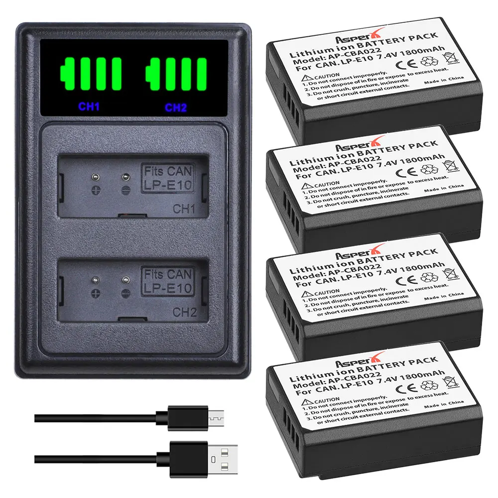 

1800mAh LPE10 LP-E10 Battery Li-ion Bateria + Dual Charger with Type C for Canon1100D 1200D 1300D 2000D Kiss X50 X70 Rebel T3 T5
