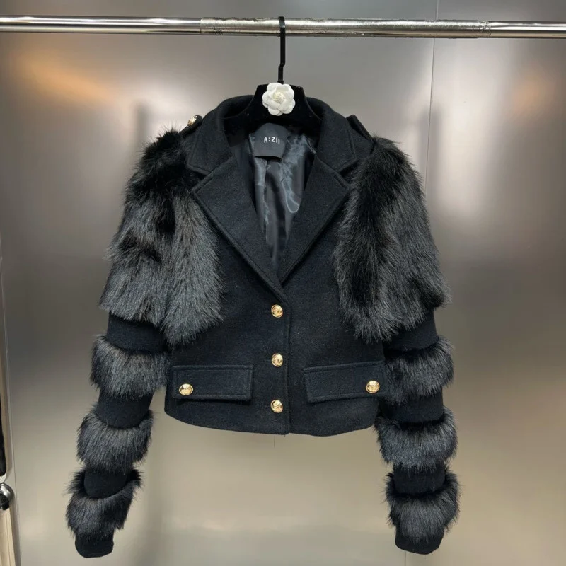 

Женское шерстяное пальто с отложным воротником, черное однобортное пальто на пуговицах с длинным рукавом из искусственного меха, зима 2023