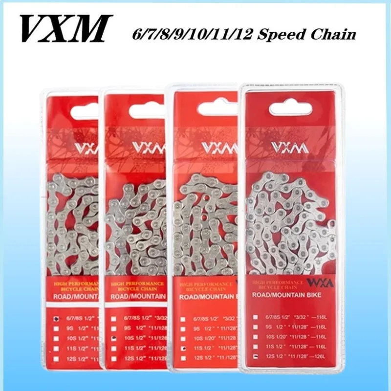 

Велосипедная цепь VXM 6 7 8 9 10 11 12 Скоростей, велосипедная цепь с гальваническим серебряным покрытием, цепи для горного и дорожного велосипеда, детали 116 звеньев