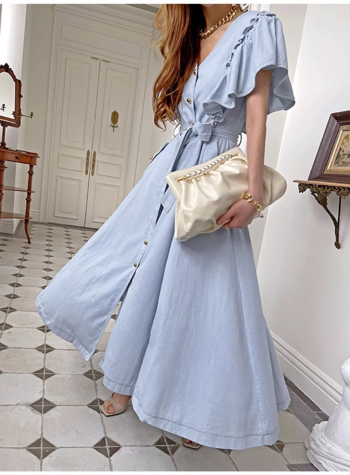

SuperAen Korean Lady's Elegant Long Dress V-Neck Flounced Edge A-LINE Buttons Up Fashion Dress for Women