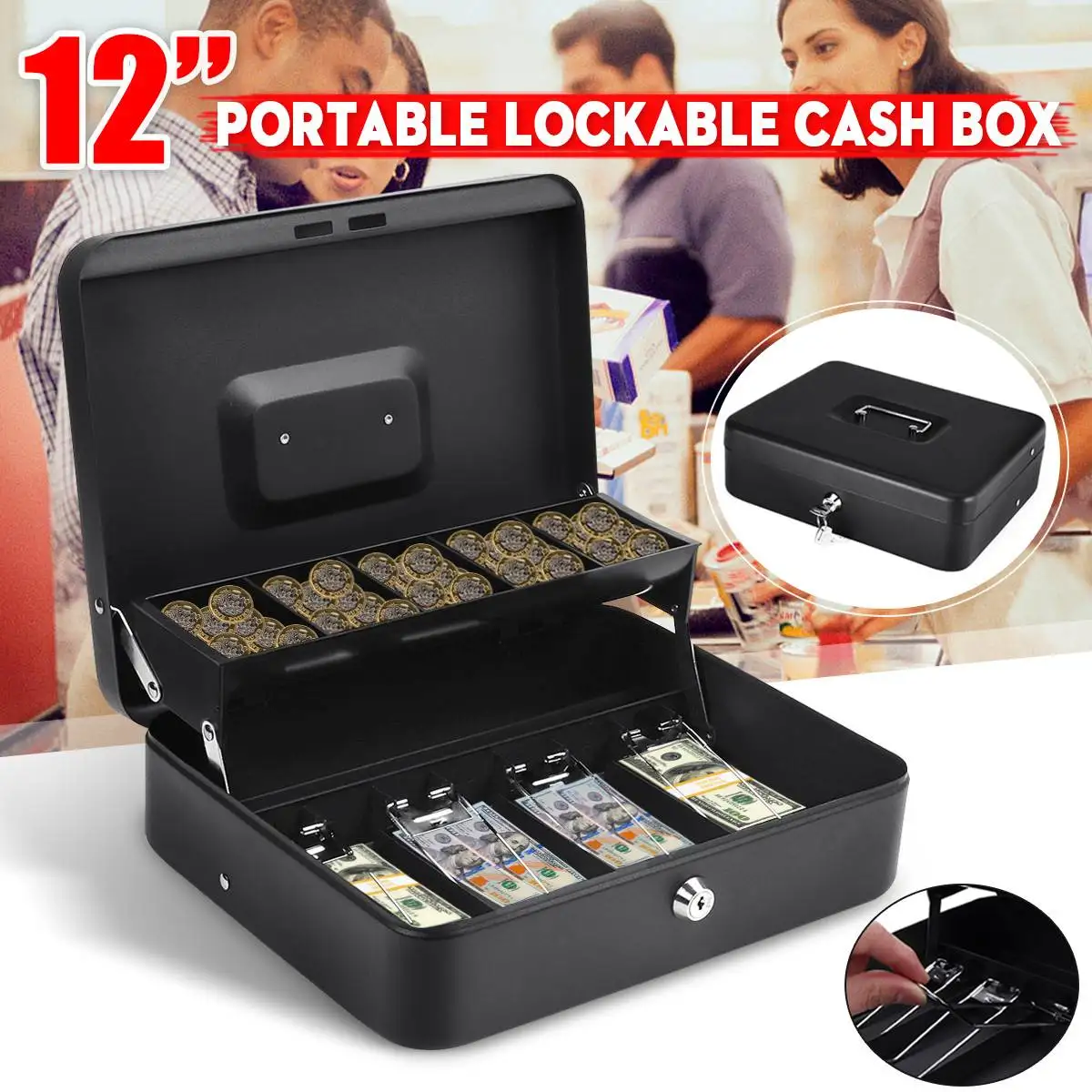 

Protable Key Locker Safe Home Shop Steel Mini Money Box Security Cash Box Storage Cashier Drawer Hidden Coin Money Jewellery