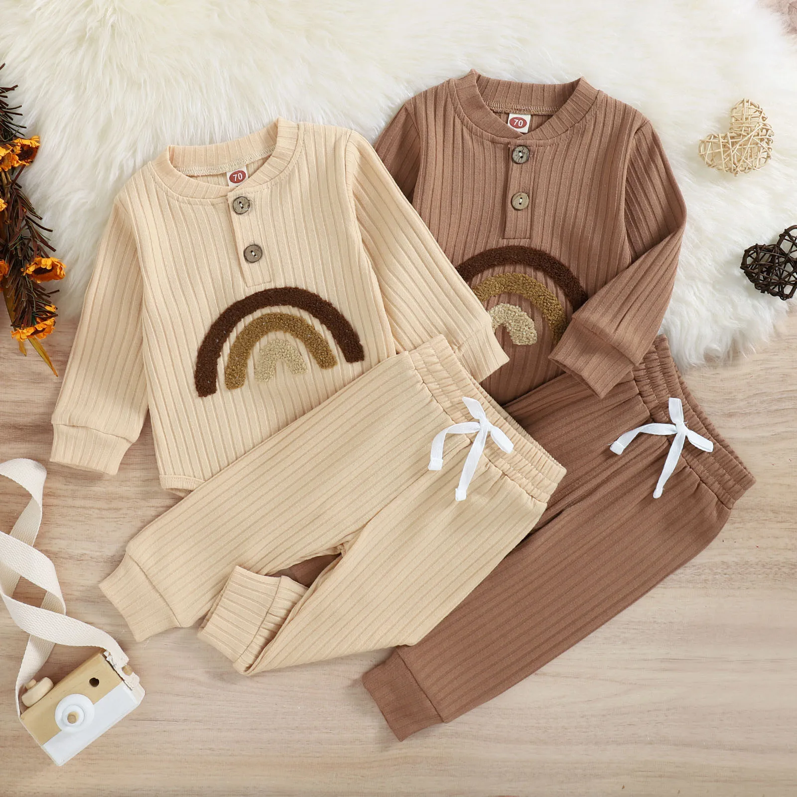 

Infant Baby Boys Girls Clothes Sets Autumn Winter Long Sleeve Ribbed Rainbow Romper Bodysuits+Pants Sets 2 Pcs Newborn Outfits