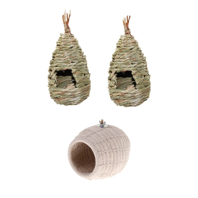 

2 Pack Grass Bird Hut Bird House House Hanging Bird Nest With Rope Weave Bird Breeding Nest Bed House Toy