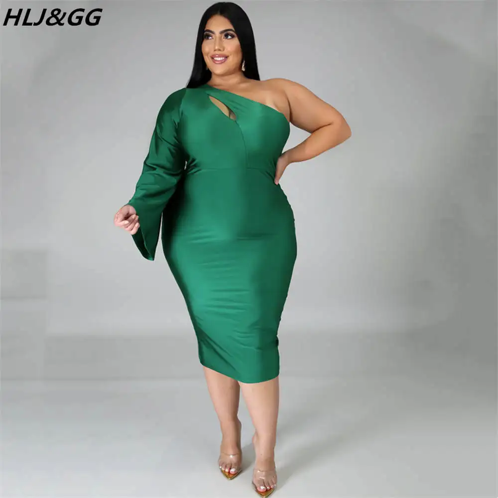 HLJ&GG Elegant Lady Satin One Shoulder Sleeve Party Club Dresses Plus Size Women Clothing 2XL-5XL Fashion Solid Hollow Mid Dress