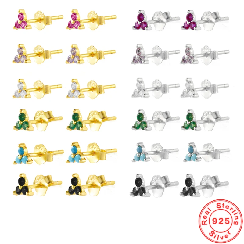 

925 Sterling Silver Three Zircons Stud Earrings for Girl Mini Colorful Crystal Light Luxury All-match Earrings Fashion Jewelry