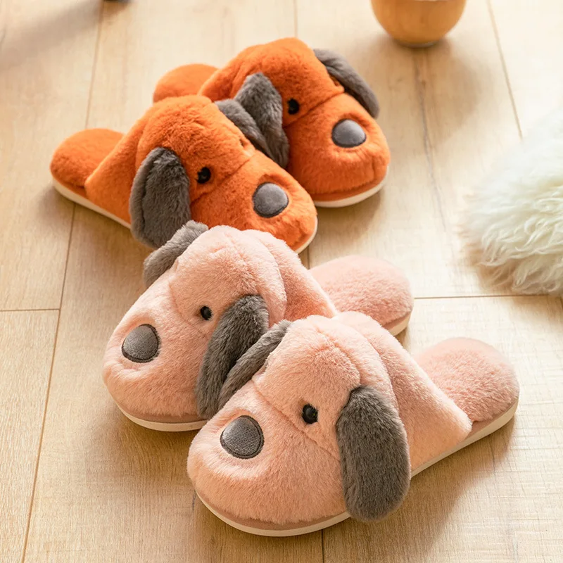 Winter Home Women Fur Slippers Soft Sole Cotton Shoes Cute Cartoon Puppy Bedroom Men Fluffy Slippers Couples Furry Shoes