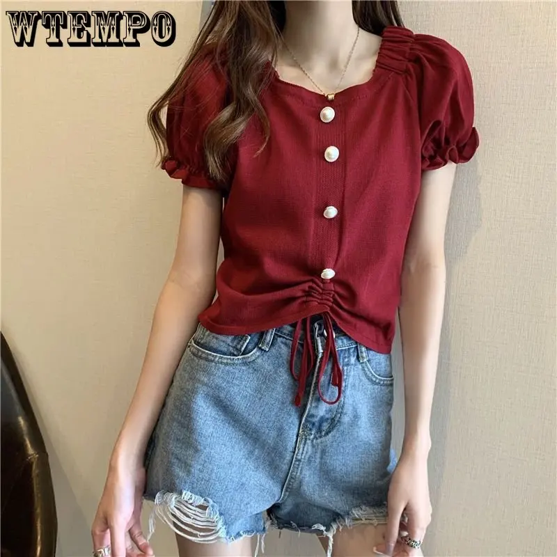 

Wtempo Sweet Korean Style Ruffle Crop Top Puff Short Sleeve T-shirts Summer Cute Aesthetic All-match Drawstring Pullover Tees