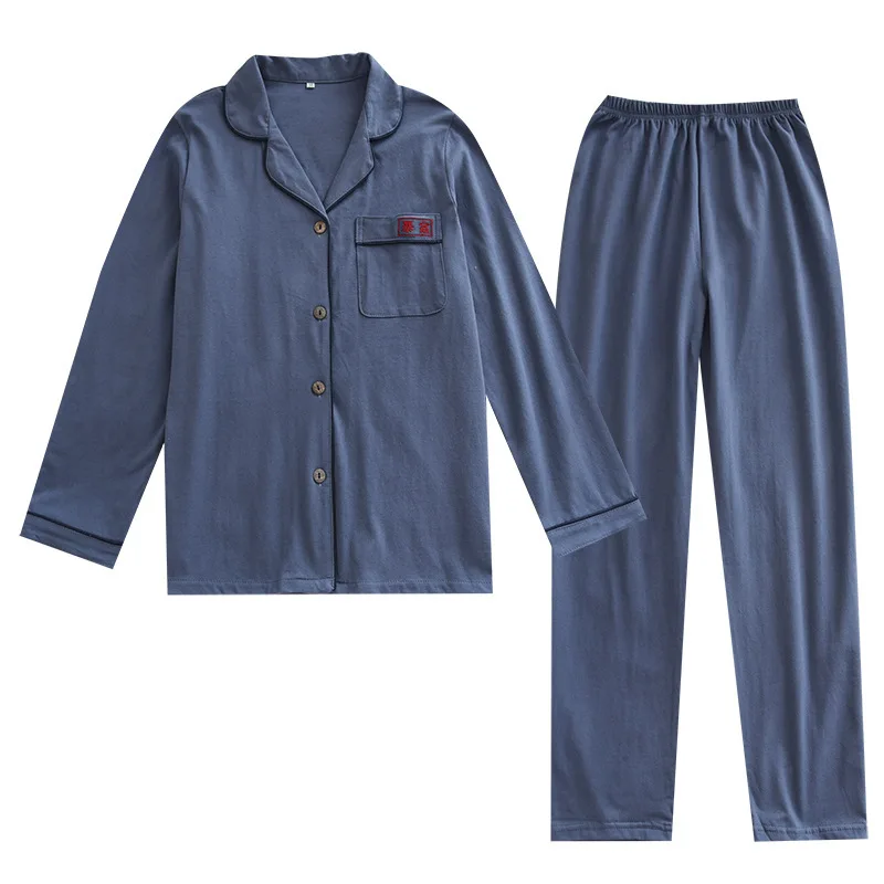 

Pocket Embroidery Couple Pajamas Women Spring Autumn Cotton Home Wear Men's Pyjamas Plus Size Lingere Solid Color Open Nighties