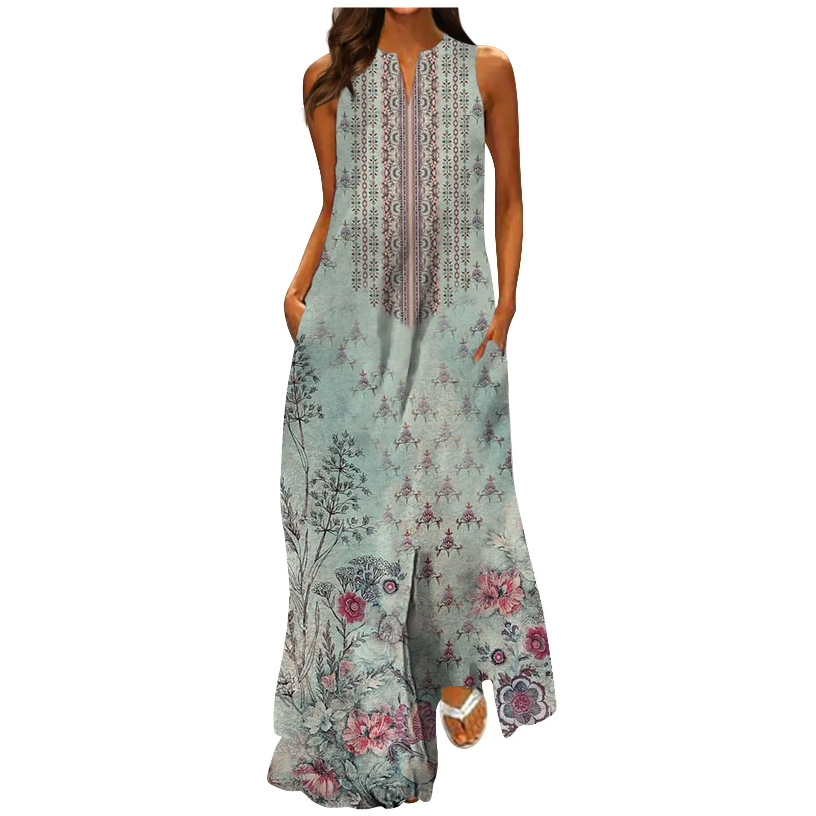 

Женское длинное платье без рукавов, классическое элегантное платье с цветным принтом и V-образным вырезом, лето 2023