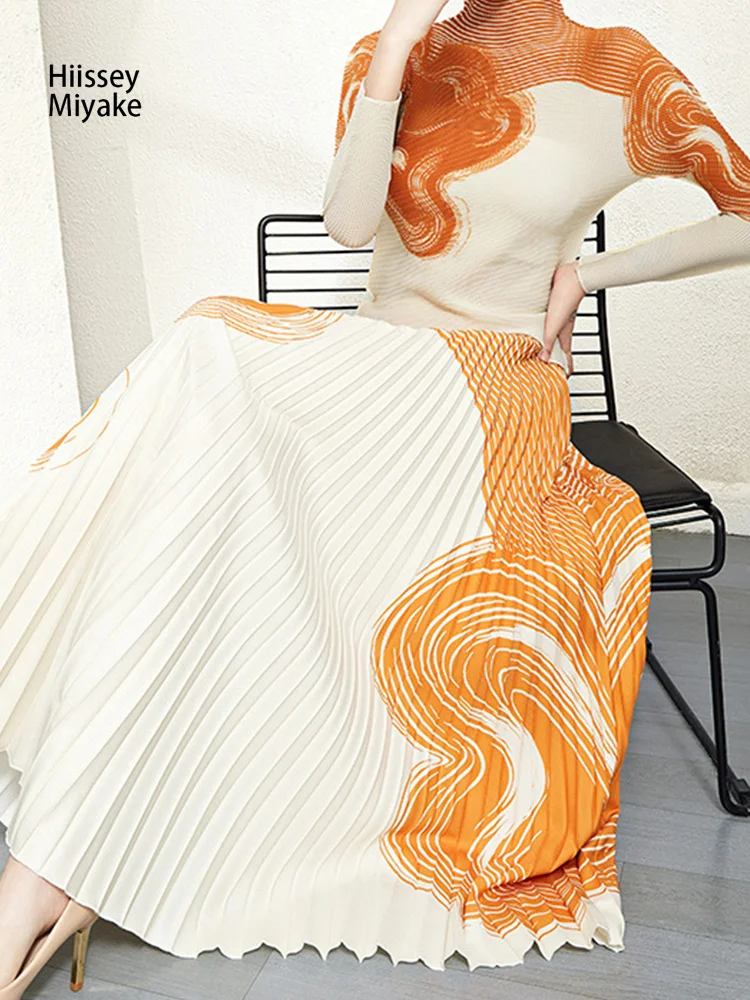 

HiIssey Miyake Fashion Design Summer Model Women Casual Two-piece Slim Pleated High Collar Top+Print Demure Fan Half Skirt