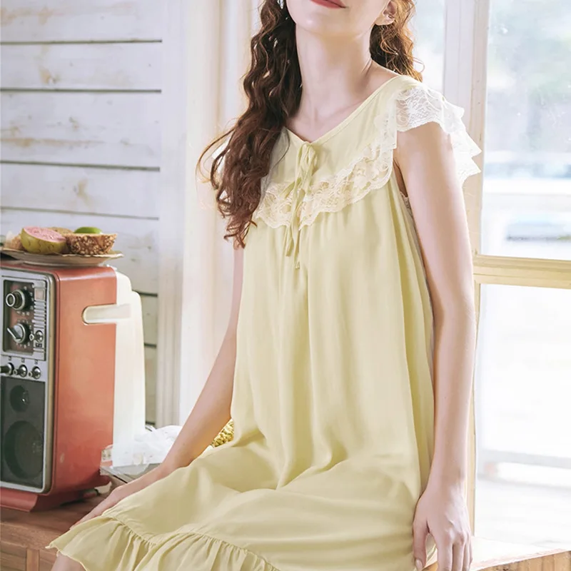 Roseheart New Women Homewear Female Yellow Skin Sexy Sleepwear Nightdress dress Lace O Neck Nightwear Sleepwear Nightgown