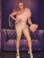 pink shining sequins rhinestones lace one shoulder asymmetrical sexy women leotard bodysuit nightclub bar pole stage costume