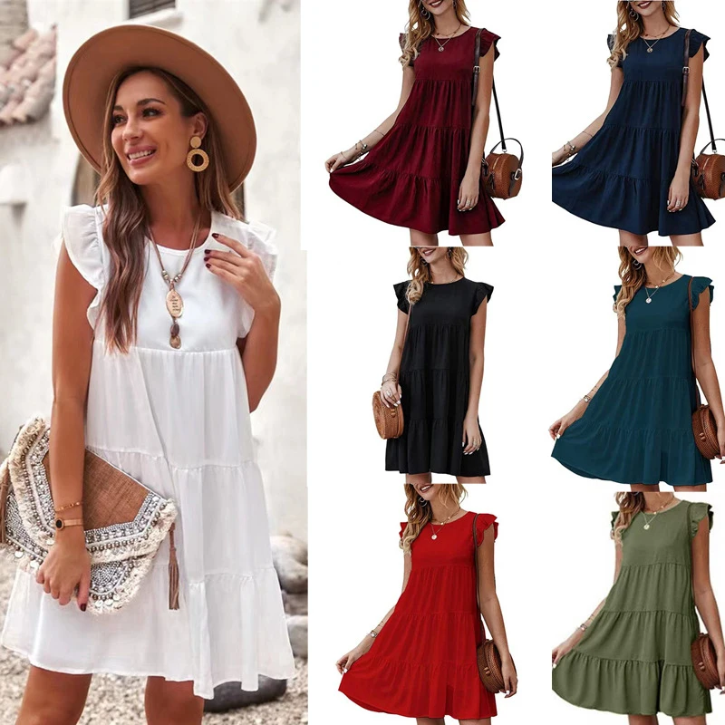 

Fashion Boho Sexy O Neck Ruffle Sleeveless Women's Mini Dress 2022 New Summer Solid A Line Patchwork Pleated Woman Sundress