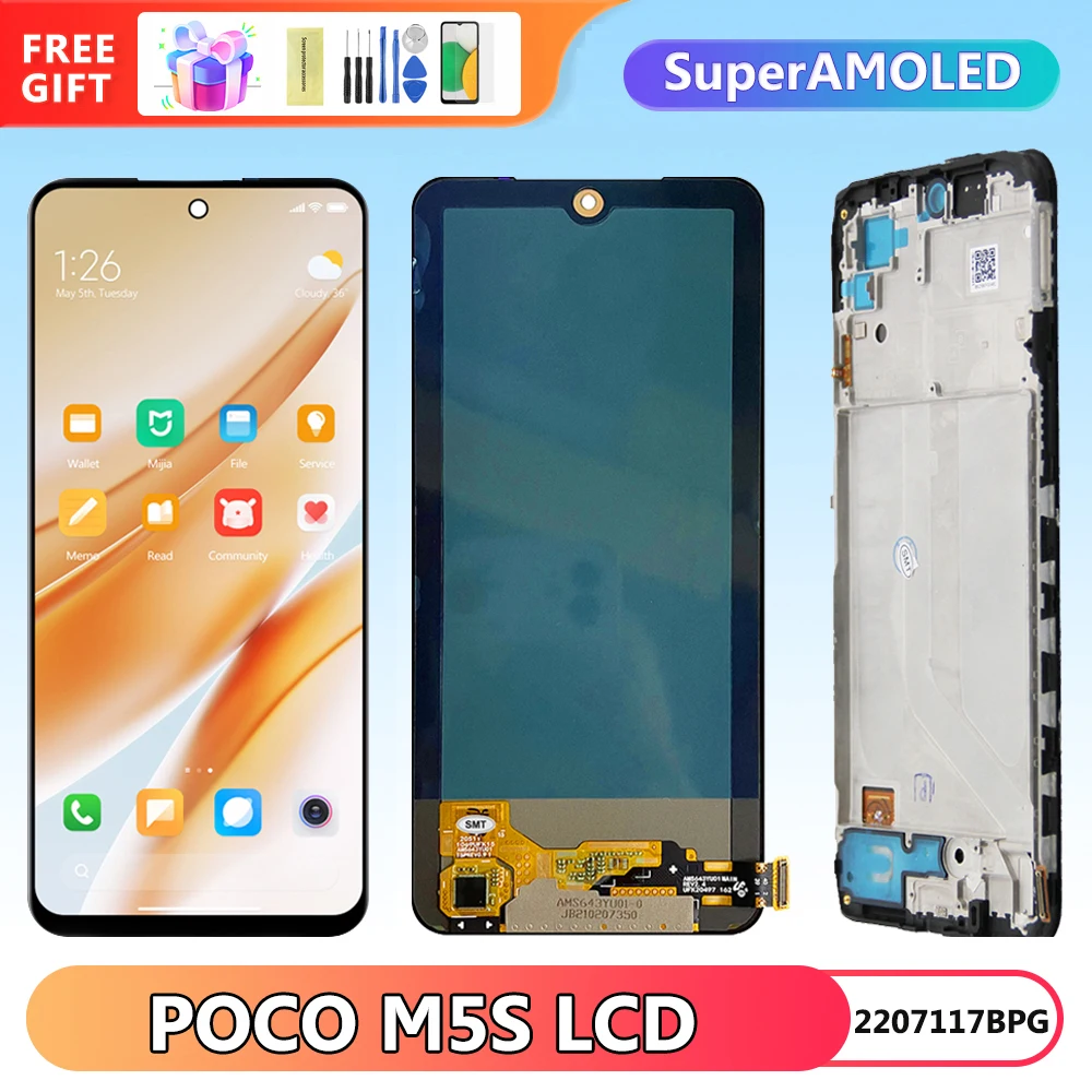 Super Amoled экран для Xiaomi Poco M5s 2207117BPG, ЖК-дисплей, цифровой сенсорный экран с рамкой для Poco M5s, замена экрана
