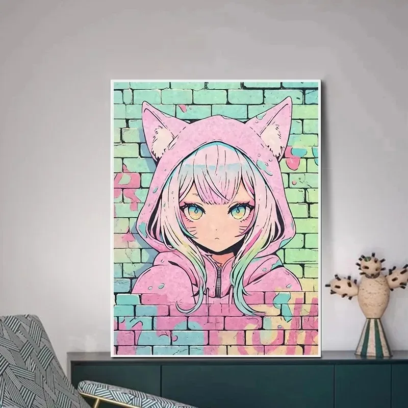 Аниме Кошка Девушка Граффити Стиль Плакат Холст Принт Настенное Искусство Для