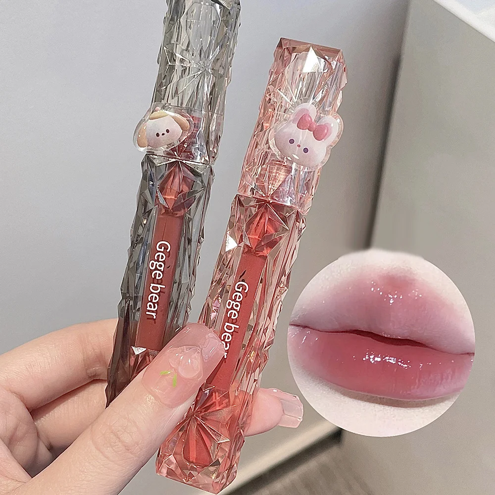 New Crystal frozen Glossy Lip Glaze Cute Pink Bear Lip Gloss Glossy Mirror White Nude Lipstick Doodle Lip Makeup Korean Makeup