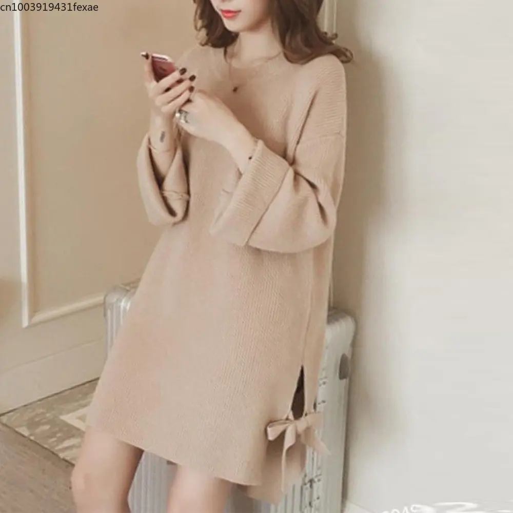 

Long Sleeve bow Neck Knee-Length Straight Women's Dress For Lady Fashion 2022 Casual Loose Japanese Korean Style Fall