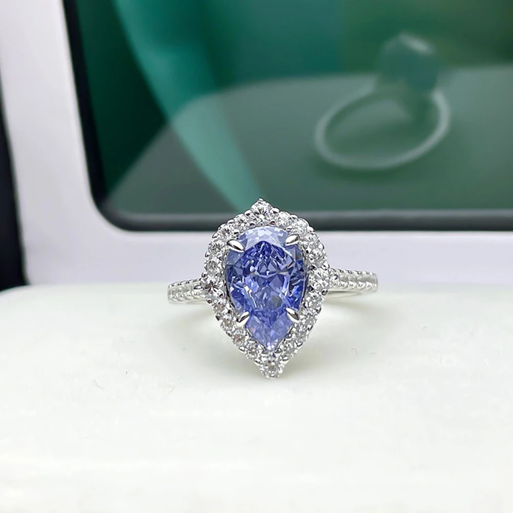 

WPB S925 Sterling Silver Rings Zircon Blue Waterdrop Diamond Rings Women's Sparkling High Carbon Diamonds Luxury Jewelry Gifts