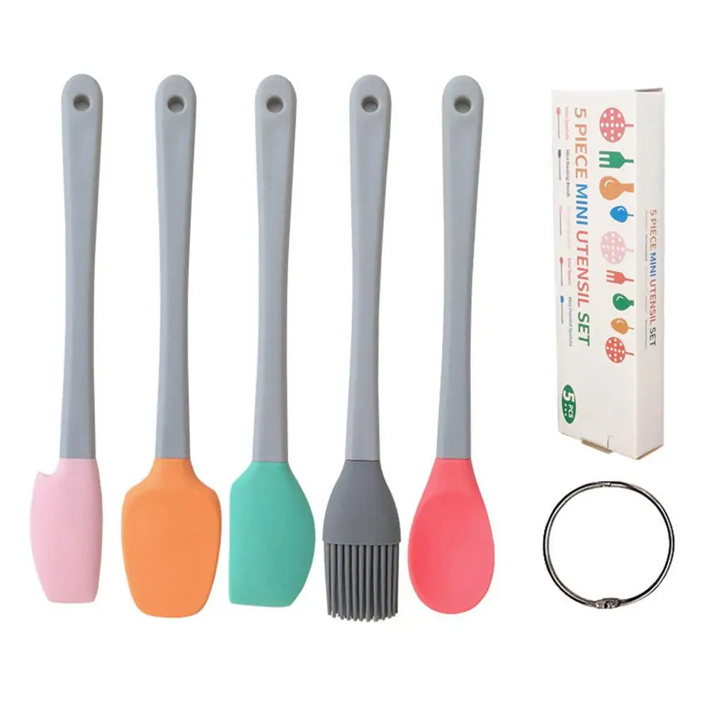 

5Pcs/set Silicone Mini Kitchenware Kits Anti-slip Handle Colorful Heat-resistant Spatula Brush Spoon Baking Tool With Hook