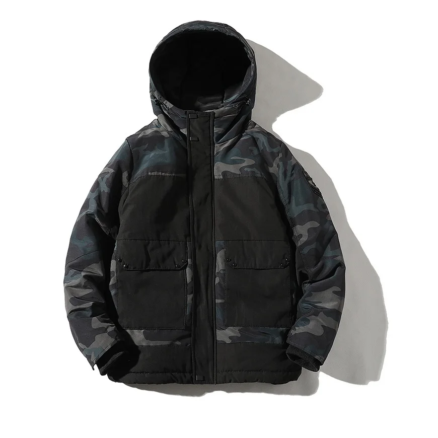 Mens Fashion Camouflage Patchwork Hooded Jackets Winter Thickened Warm Jacket Outdoor Casual Parkas Jaqueta Masculina