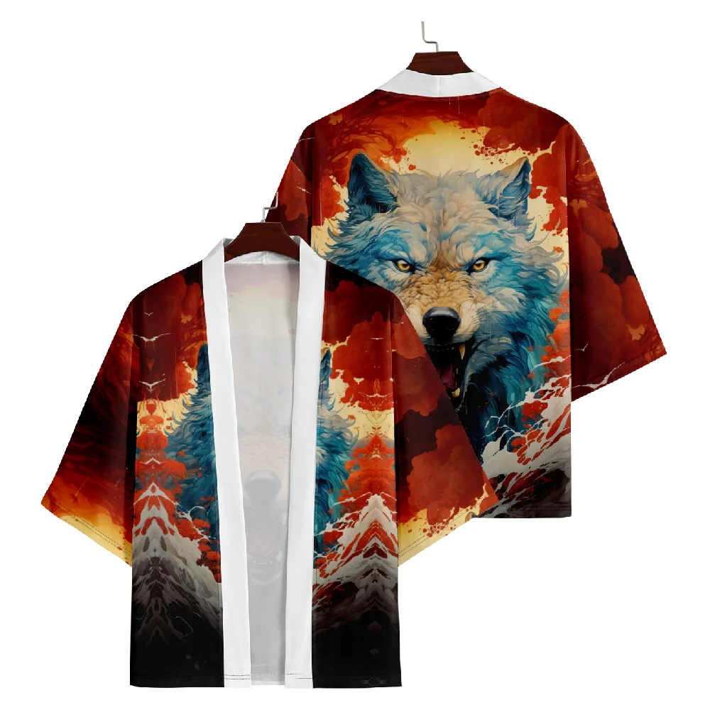 Пляжная юката с принтом волка для женщин и мужчин японское кимоно в стиле