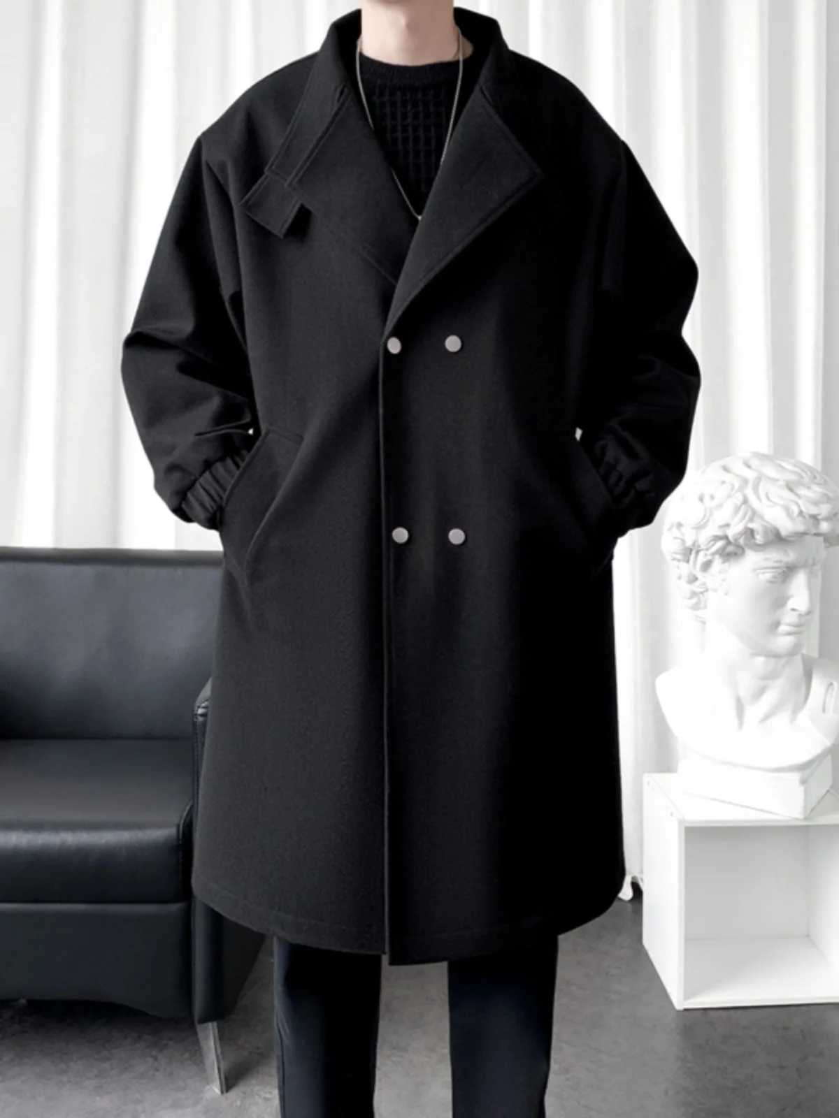 Men's Mid-Length Woolen Coat Loose Fit British Sle Autumn Fashionable Windbreaker Double-breasted Button Decorated Casual Wear |