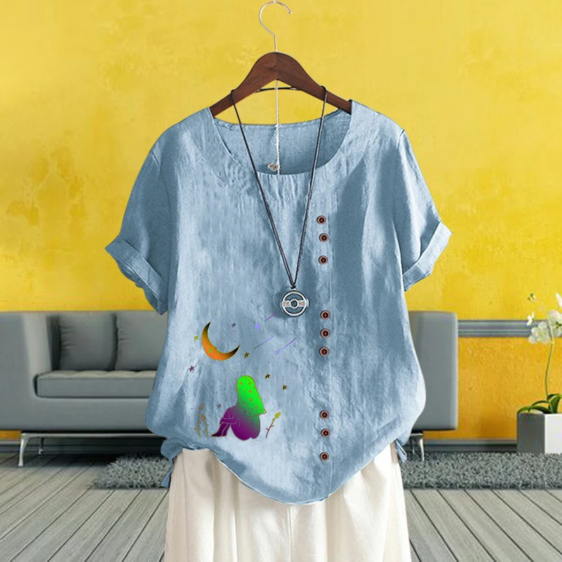 

Модная однотонная блузка из хлопка и льна 2022, свободная футболка с индивидуальным принтом, дышащий летний топ с коротким рукавом и круглым в...