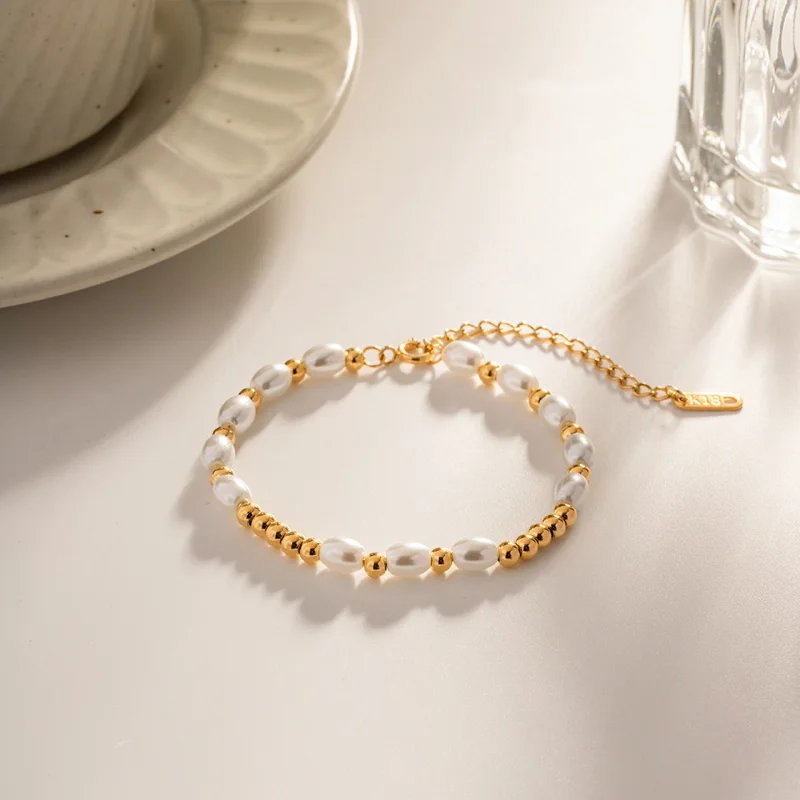 

Trendy Beaded Pearl Bracelet Smooth Gold Beaded Bracelet Colourfast Gold Filled Bracelet 18k Bangles