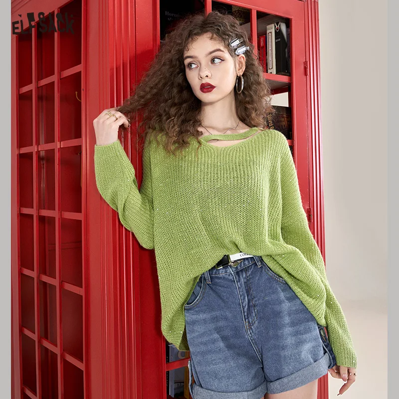 ELFSACK Green Pullover Knitwears Women 2023 Spring Long Sleeve Loose Basic Tops