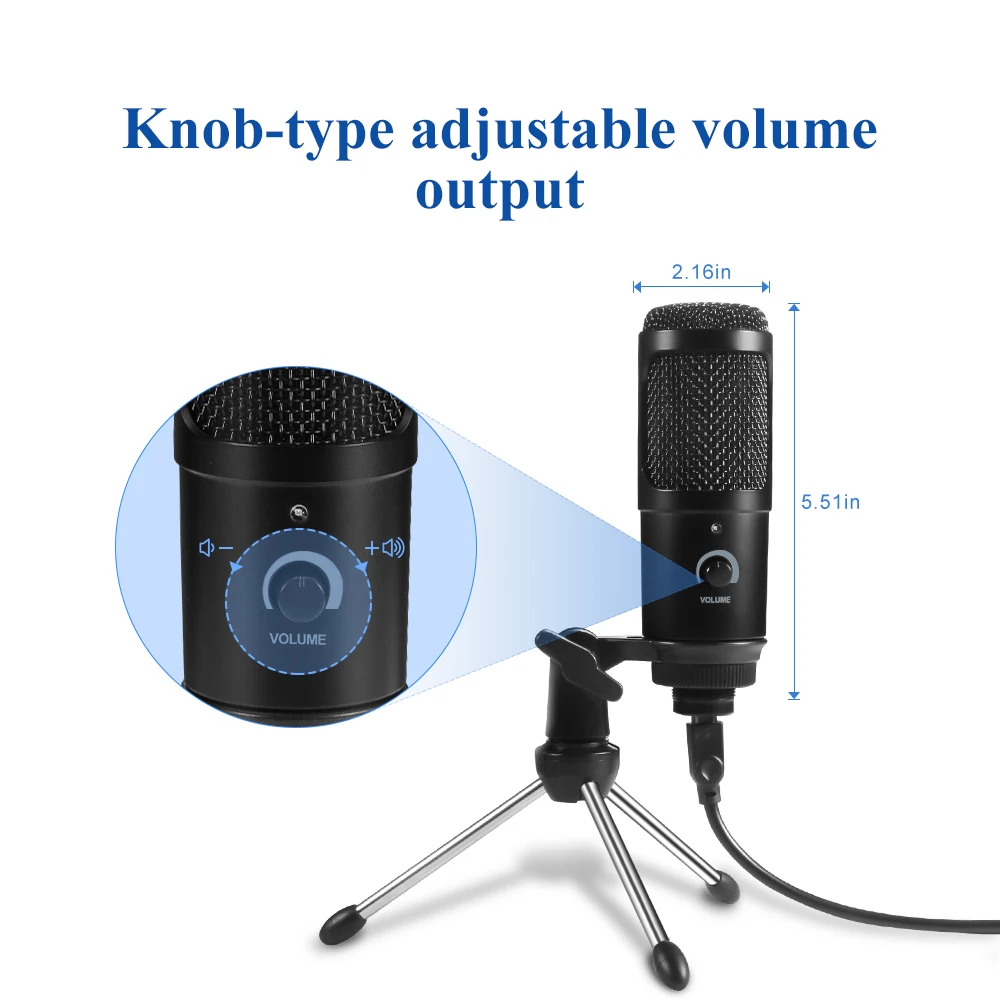 

PC Microphone USB Condenser Microphone Computer Streaming Mic with Volume Control Tripod Stand for Podcasting Vocal Recording