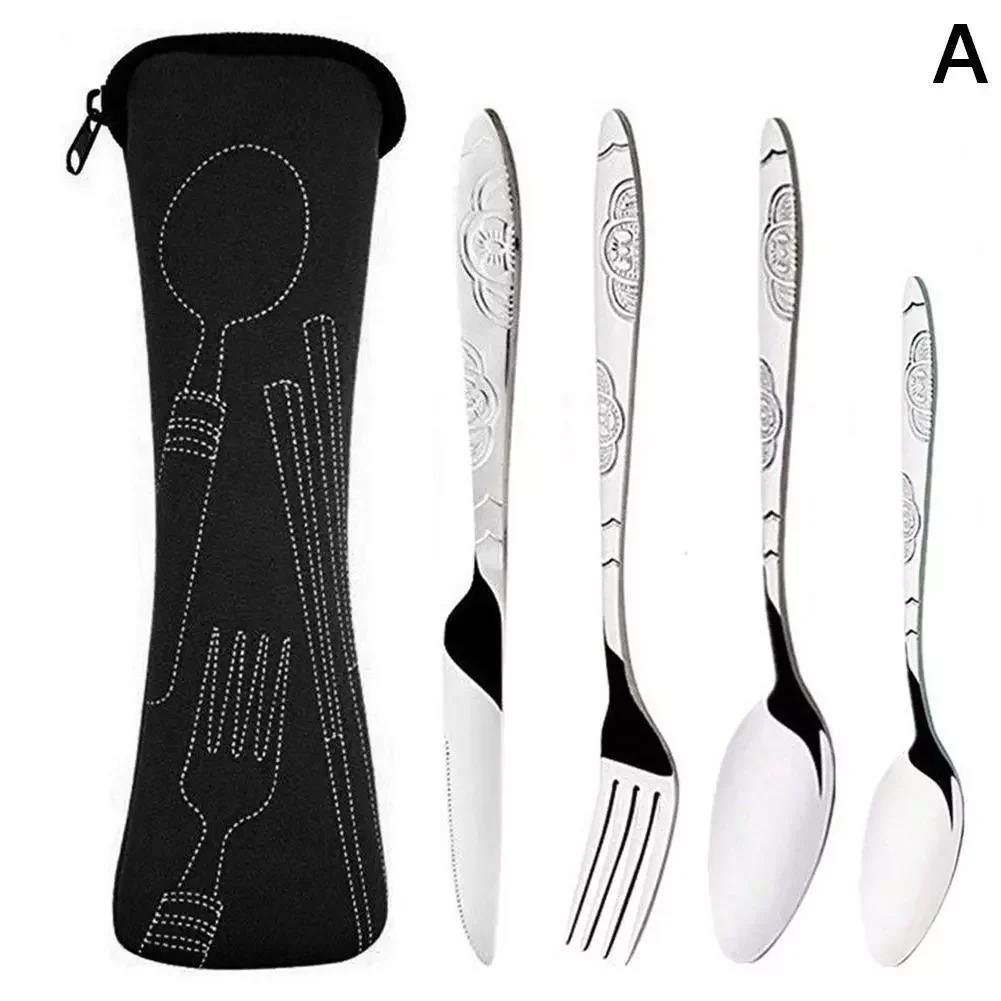 

4Pcs/set Steel Knife Fork Spoon Cutlery Set Family Travel Cutlery Portable Dinnerware With Storage Bag Picnic Cutlery Tableware