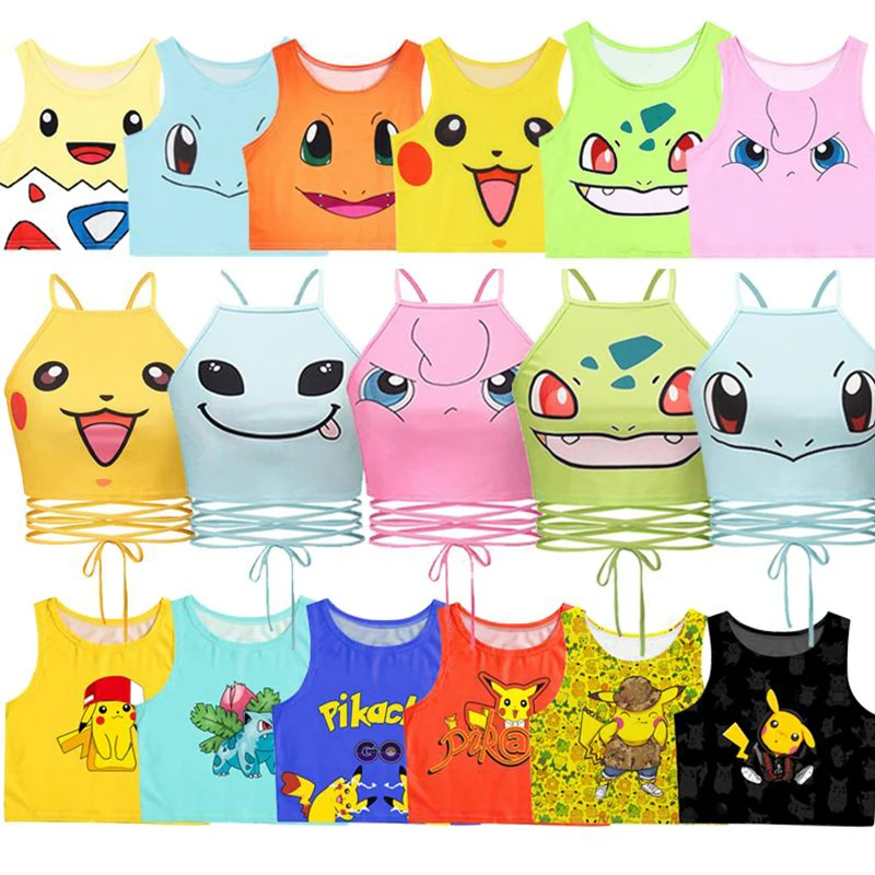 

Summer Sexy Women Funny Pikachu Pikapika 3D Eyes Anime Cartoon Cute T-Shirt Tops Short Sleeve Sleeveless Crop Bandage Slim Tees