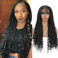 20long synthetic braided lace wig natural black box braids lace front wig for women dark brown cornrow braid lace wig curl ends