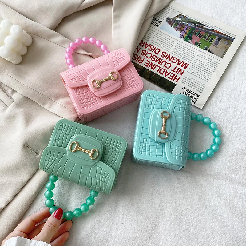 Mini bolso de mano de PVC para niñas, monedero cruzado con patrón de cocodrilo y perlas, bolso de plástico con cadena pequeña, bolso de gelatina