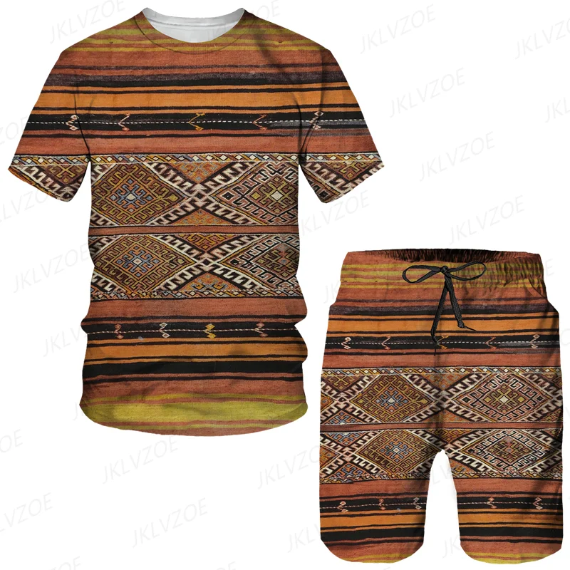2023 African Summer Men's Short Sleeve T-shirt Suit 2-piece Street Wear 3D Printed Sports Beach Shorts Sportswear Loose Clothing